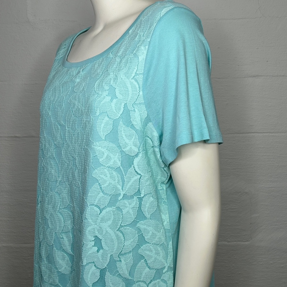 Lane Bryant Top 18/20 Aqua Blue Short Sleeve w/ Floral Lace Coastal - Picture 15 of 15